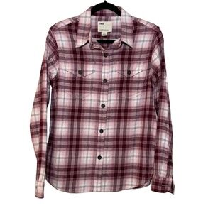 Tilley Flannel Plaid Button Down Shirt Small Burgundy Pink Cotton Outdoor Casual